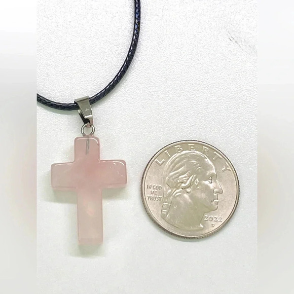 Rose Quartz Cross Natural Braided Stainless Steel Necklace NWT - Picture 2 of 3